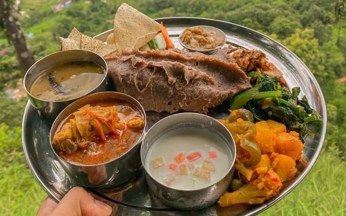 Traditional Nepali thali with dhido