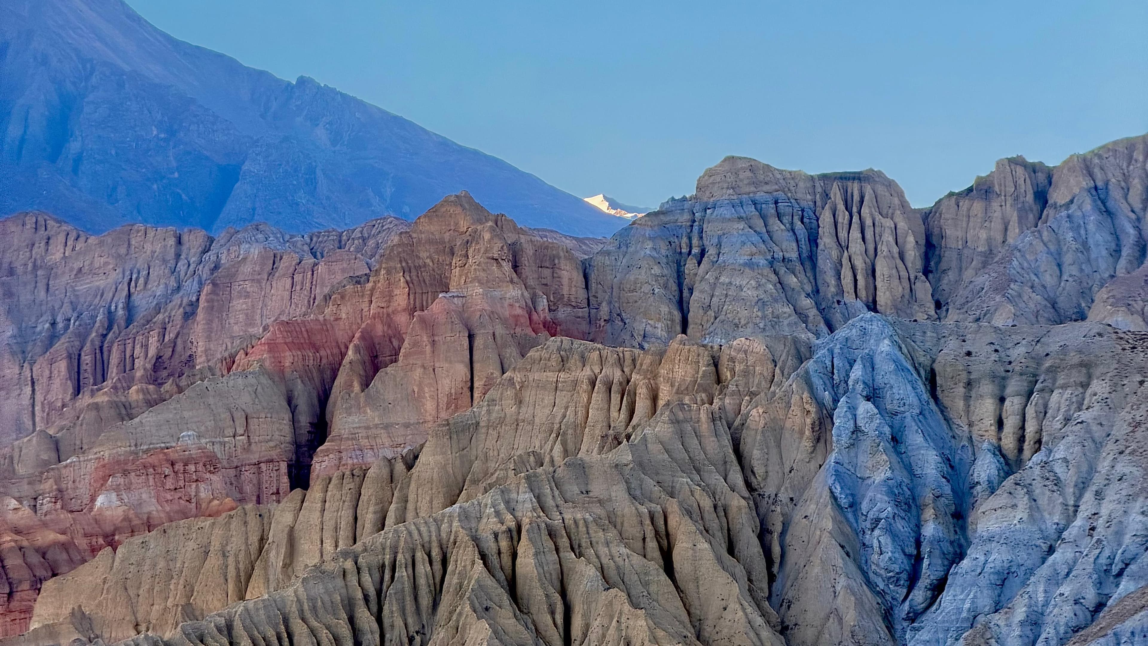 Cinematic Annapurna Himalayan mountain range in Nepal during golden hour
