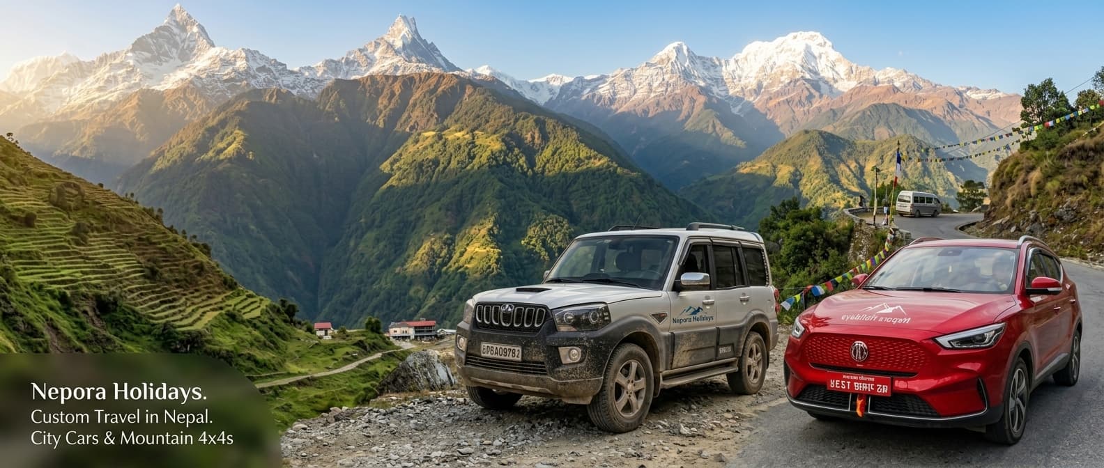 Private vehicle traveling along a winding mountain highway in the Annapurna Himalayas